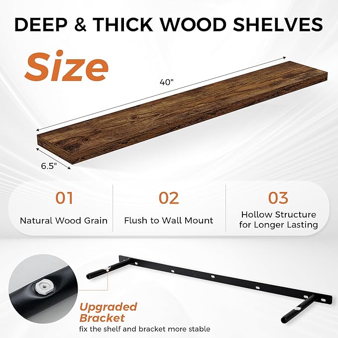 Floating Shelves for Wall, 40 Inch Floating Shelves for Home Decor, Wall Mounted Rustic Wood Shelves, Bathroom, Hanging Deep Shelf for Bedroom, Living Room, Kitchen (Rustic Brown, Set of 2)-Ruum Studio Home