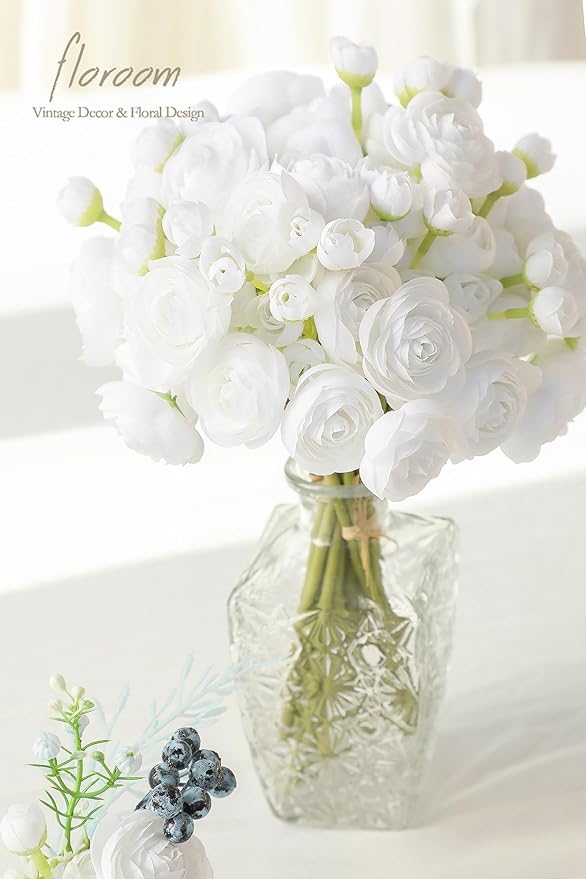 Floroom Ranunculus Artificial Flowers 18 Pcs White Faux Silk Mini Ranunculus Bulk Fake Wedding Filler Flowers for DIY Bouquets, Centerpieces, Bridal Shower Decorations & Arrangements-Ruum Studio Home