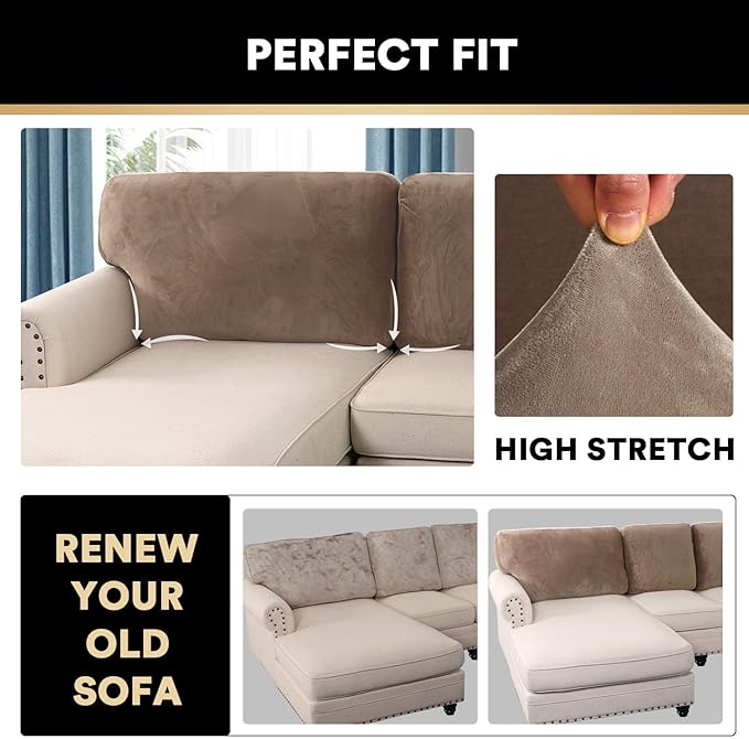PrinceDeco Sectional Couch Covers Velvet Cushion Covers for Sectional Couch Cushion Covers for Sectional Sofa Separate Sectional Sofa Slipcovers Washable(1 Chaise Back+ 2 Sofa Back,Taupe)-Ruum Studio Home