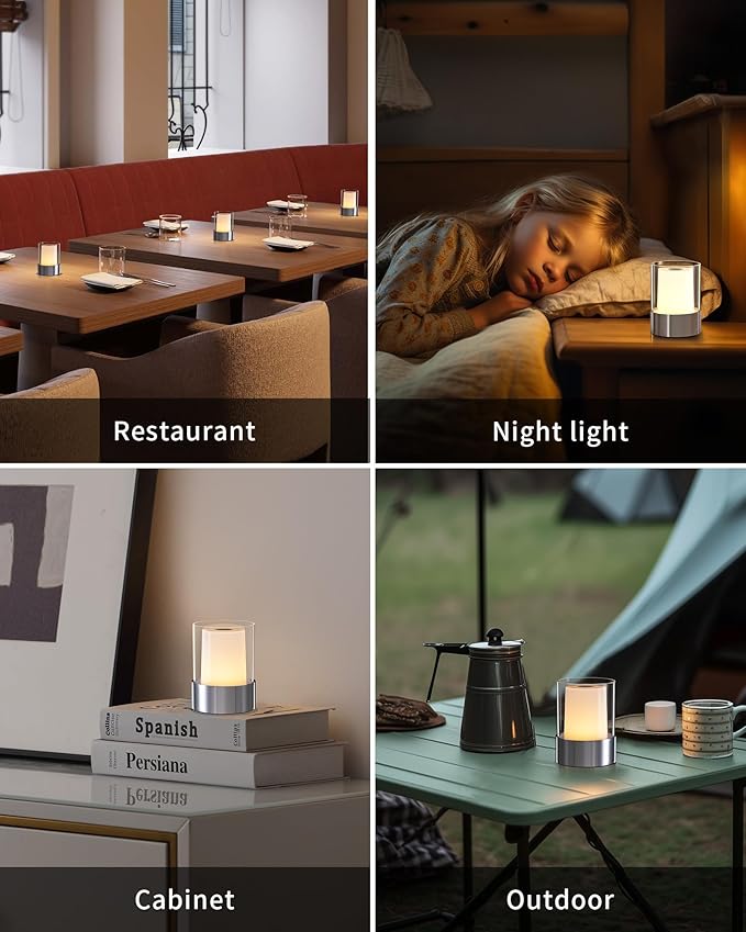 LED 4" inch Touch Night Light for Nursery Baby Kids Set of 2 (Chrome), Small Outdoor Waterproof Lamp for Bathroom Camping, Rechargeable Cordless Table Lamp for Bar Bedside Restaurant Gifts-Ruum Studio Home