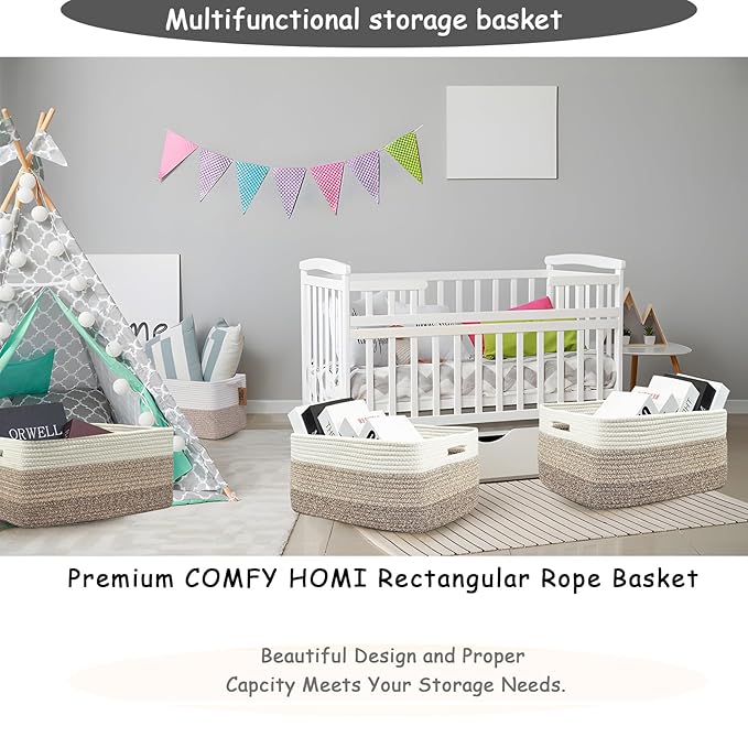 COMFY-HOMI Cotton Rope Woven Basket with Handles for Shelves,Toys,Book, Cloth Storage Baskets for Organizing-17" x 13" x 7.5" Toy Decorative Organizer for Living Room, Bathroom （white/3 brown）-Ruum Studio Home