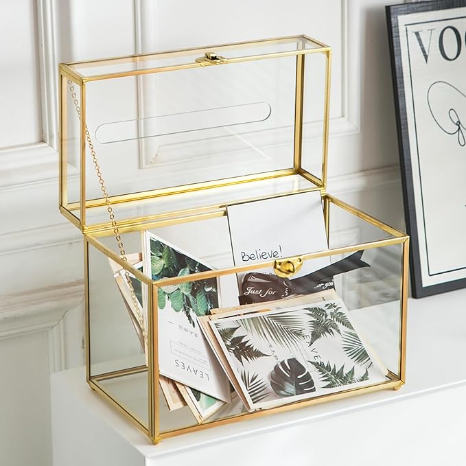 Glass Wedding Card Box with Slot, 10.2 inch Clear Card Box Gold Brass Gift Card Storage Box with Lock Perfect for Wedding Receptions, Baby Shower, Birthday Party, Bridal Shower-Ruum Studio Home