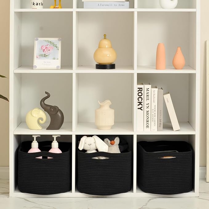 Large Storage Baskets for Organizing Shelves, Woven Cotton Rope Bins for Baby Nursery Organization, Book Toy Towel Organizer, 17"x13"x9.5", 3 Packs, Black-Ruum Studio Home