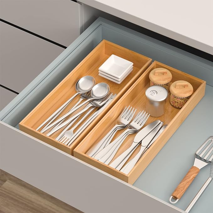 Bamboo Drawer Organizer, Stackable Utensil Organizer for Kitchen, Bamboo Storage Box Wood Silverware Tray for Drawer 15" x 6" x 2" Set of 2-Ruum Studio Home