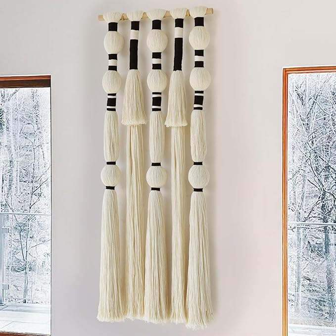Macrame Wall Hanging Tassels Sphericity Cotton Textile Hanging Geometric Yarn Wall Art for Bedroom Living Room Decor 15.7" W x 39" L-Ruum Studio Home