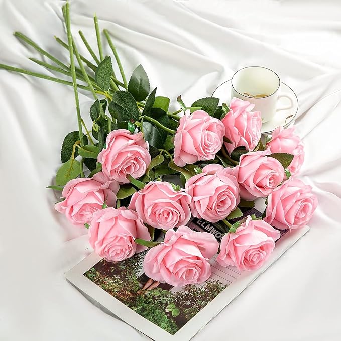 Pink Fake Roses Artificial Flowers - 10 Pcs Fake Artificial Roses Silk Flowers with Stems for Home Wedding Hotel Office Centerpiece Decor-Ruum Studio Home