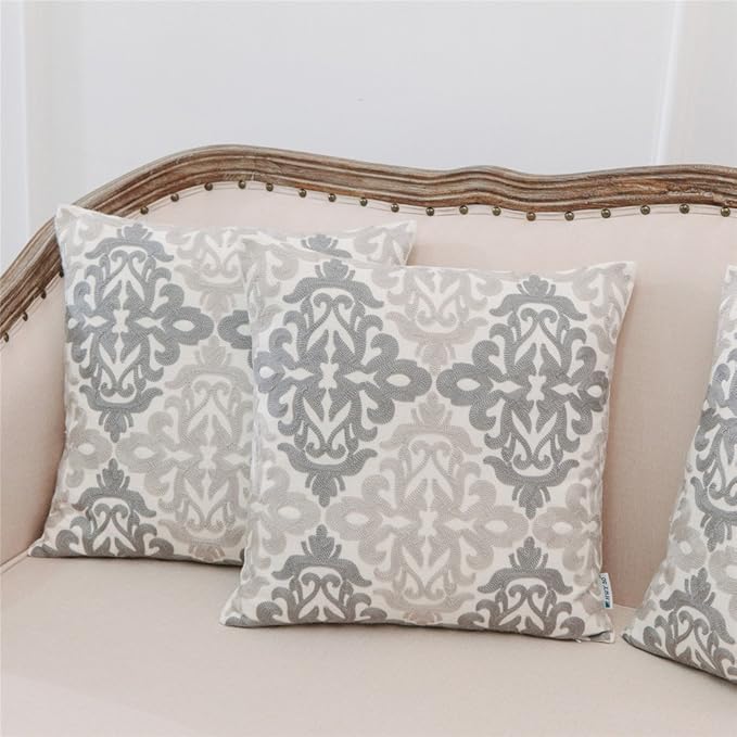 HWY 50 Gray Grey Decorative Throw Pillow Covers 18x18 Inch, Pack of 2 Embroidered Linen Farmhouse Cushion Cover Pillow Case for Sofa Couch Living Room Bed Bedroon, Accent Geometric-Ruum Studio Home