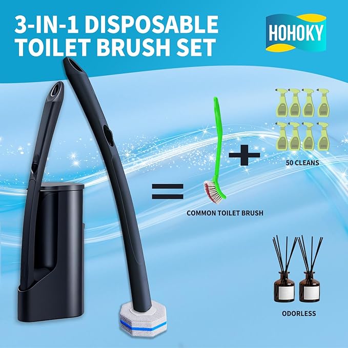 Disposable Toilet Brush with 50 Wand Cleaner Refills Pads，Wall Mounted Toilet Bowl Holder Set，Toilet Cleaning System Starter Kit，Bathroom Cleaning System for Sink Bathtub Wash Basin-Ruum Studio Home