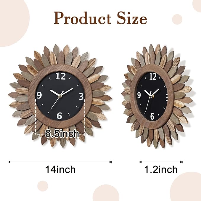 Honiway 14 Inch Wall Clock, Rustic Wood Boho Sunburst Decorative Wall Clocks Battery Operated Silent Non Ticking Farmhouse Small Wall Clocks for Living Room Kitchen Bedroom Home Decor (Tricolor)-Ruum Studio Home