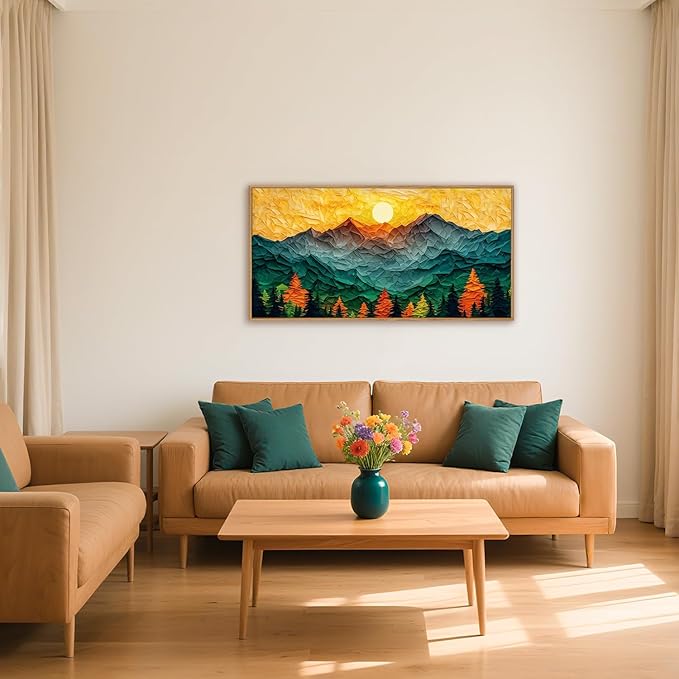 Abstract Sun Mountain Framed Canvas Wall Art Set, Forest Pine Tree Golden Sunset Wall Decor, Mixed Patchwork Landscape Art Print for Living Room, Bedroom, Dining Room, Office - 20"x40"-Ruum Studio Home