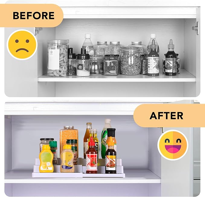 3-Tier Expandable Spice Rack, Plastic Spice Rack Organizer for Cabinet, Adjustable Length, Non-Skid Spice Shelf Organizer for Kitchen Cabinet, Countertop or Pantry, 2 Pack, White/Grey-Ruum Studio Home