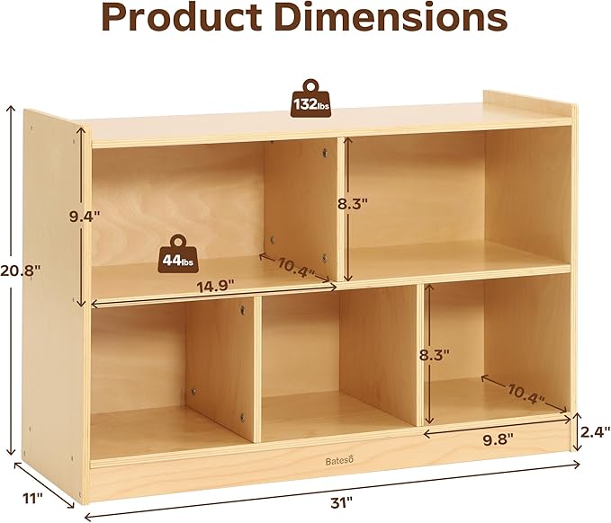 Toy Storage Organizer for Kids Room, Wooden Kids Bookshelf for Classroom, Cube Storage Organizer for Playroom, 5-Section Montessori Bookshelf & Toy Shelf for Nursery-Ruum Studio Home