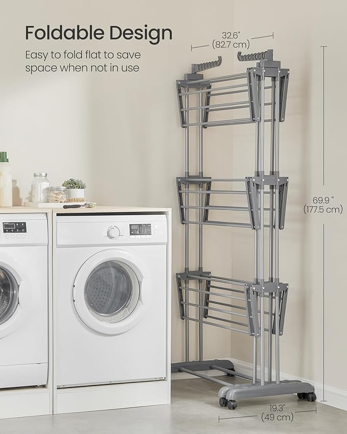 SONGMICS Clothes Drying Rack 4-Tier, Foldable Laundry Drying Rack 69.9-Inch Tall, Extendable Rods, Stainless Steel, Rolling Clothes Horses, Clothes Airer, Indoor Outdoor Use, Dove Gray ULLR704G01-Ruum Studio Home