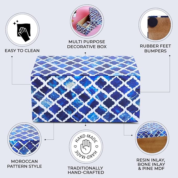 Handicrafts Home Handmade Moroccan Pattern Inspired Decorative Box - Large Storage Organizer for Neck Chains, Watches, Memory Keepsakes - Boho Style Treasure Box, Multipurpose Gift - Blue, 10x5x5-Ruum Studio Home