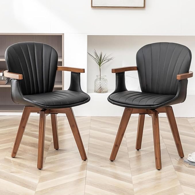 LUNLING Swivel Dining Room Chairs Set of 2, Mid Century Modern Black Faux Leather Kitchen Chairs with Arms,Bamboo Legs Side Chairs No Wheels,Accent Chair for Dining Rooms and Offices-Ruum Studio Home