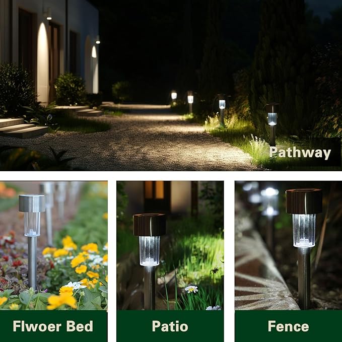 EcoGreen Outdoor Pathway Solar Light, 8pcs Pack,Garden Patio Balcony Walk Way Lights, Stainless Steel Leg, 5000K Daylight, IP65 Waterproof, 1.85 * 12.2in-Ruum Studio Home