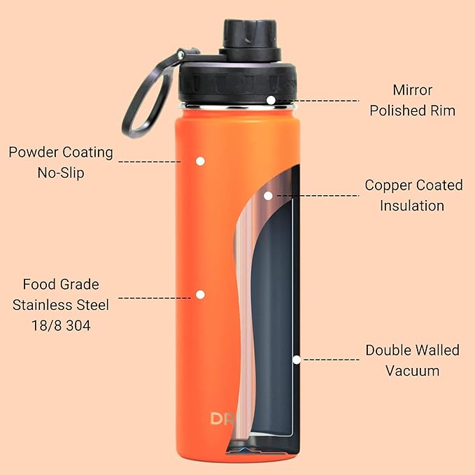 DRINCO Stainless Steel Water Bottle Spout Lid Vacuum Insulated Double Wall Water Bottle Wide Mouth (40oz 32oz 22oz 18oz 14oz) Leak Proof Keep Cold Sport Camping Hiking (22 oz, 22oz Orange)-Ruum Studio Home