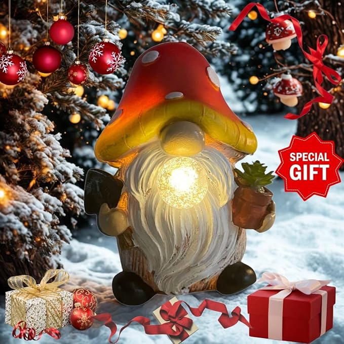 Solar Mushroom Gnomes Garden Statues Outdoor Decor with Night Glow,Cute Fairy Garden Statues for Yard,Pathway,Lawn Art Ornamen,Spring,Easter,Birthday Christmas Women Mom Gift Idea (Red)-Ruum Studio Home