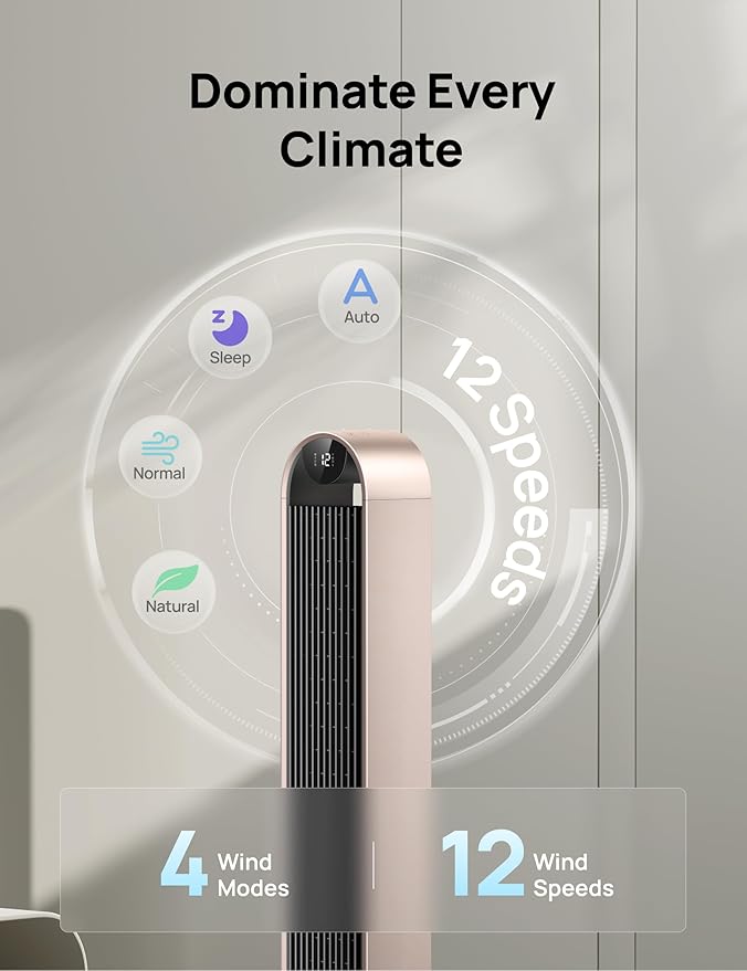 Dreo Smart Tower Fan Voice Control, 120° Oscillating Fan Works with Alexa/Google/App/Remote, 42 Inch, 25dB Quiet DC Bladeless Fan for Bedroom,12 Speeds, Floor Fan for Home, Office, Pilot Max S-Ruum Studio Home