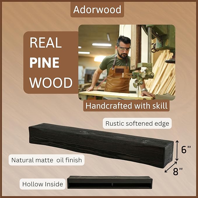 Handmade Fireplace Mantel Shelf 60", Extra Wide Rustic Wood Mantles for Over Fireplace, Wall Mounted Floating Mantel Shelves for Living Room Decor (Ebony, 60Lx6Hx8D)-Ruum Studio Home