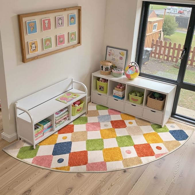 jinchan Kids Rug for Nursery 6ft Radius Corner Washable Area Rug Modern Colorful Quarter Circle Rug Soft Non-Slip Carpet for Bedroom Playroom Daycare Reading Nook Kitchen Classroom Circus on Cream-Ruum Studio Home