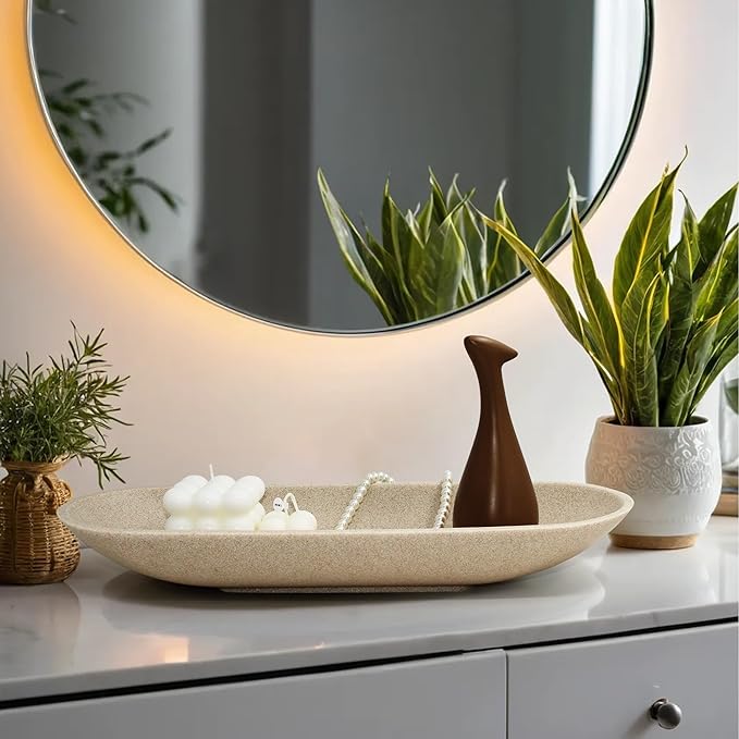 Large Decorative Bowl for Home Decor - Long Dough Bowl with Anti Slip Base for Table Centerpieces - Beige Minimalist Design Dough Decor Bowl for Coffee Table, Dining Table Centerpiece-Ruum Studio Home