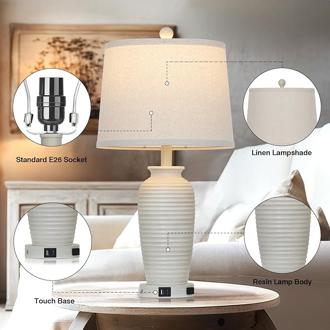 25" Farmhouse Jar Table Lamps Set of 2,Rustic Cream Pot Table Lamp for Bedroom, Living Room,3 Way Touch Control Rustic Bedside Lamps with USB A+C Ports & AC Outlet(LED Bulbs Included)-Ruum Studio Home