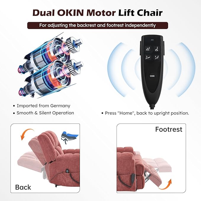 Dual Motor Power Lift Recliner Chair with Massage and Heat for Elderly People, Infinite Position, Burgundy Recliner Chair, Chenille Fabric Lift Chair-Ruum Studio Home
