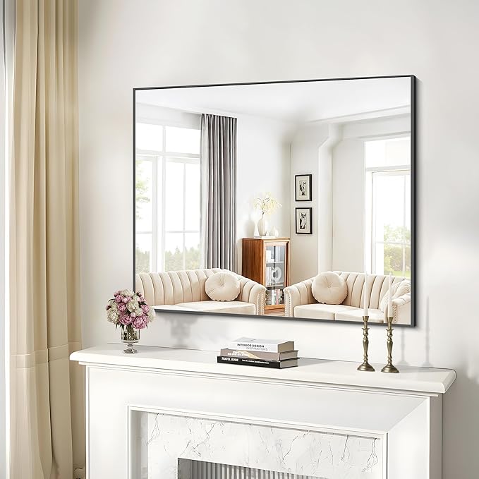 Black Bathroom Mirror for Wall, 36x40 Inch Rectangle Mirrors with Metal Frame, Modern Rectangular Wall Mirror for Bathroom Living Room, Entryway Hangs Horizontal or Vertical-Ruum Studio Home