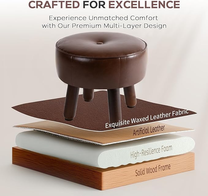 Small Foot Stool Ottoman, Round Pouf Foot Rest, Footstool Ottomans with Rubber Legs Under Desk, Faux Leather Footrest for Couch, Living Room, Bedroom, Office, 13''L x 13''W x 10.2''H, Coffee-Ruum Studio Home