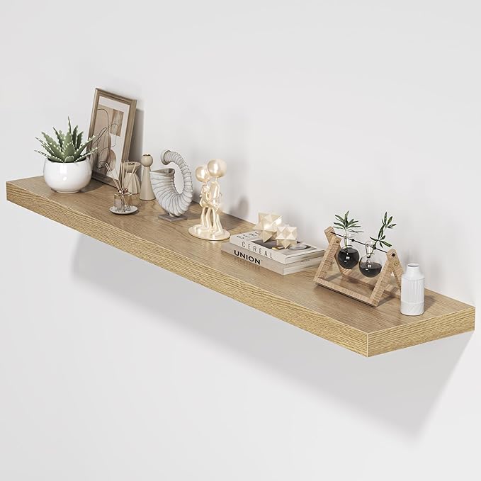 Floating Shelves for Wall, 55"W x 9.3"D x 1.5"H, Long Wooden Wall Mounted Display Shelves with Invisible Brackets for Living Room, Bedroom, Bathroom, Kitchen Decor and Storage, Set of 1, Oak-Ruum Studio Home