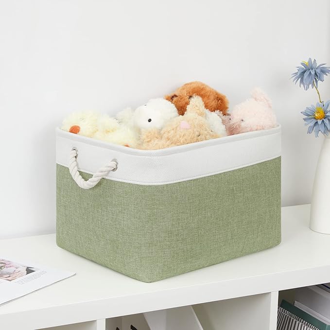 Bidtakay Large Fabric Baskets for Organizing [3-pack] Closet Organizers and Storage Baskets for Gifts Empty Foldable Nursery Baskets for Toy Storage 15 X 11 X 9.5 Inches (White&green)-Ruum Studio Home