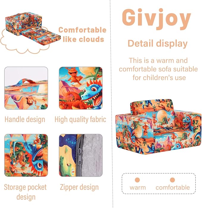 Toddler Chair Kids Couch, 2-in-1 Toddler Soft Sherpa Couch Fold Out Armchair with Removable Cover, Convertible Reading Chair Toddler Sofa for Kids, Orange Dinosaur-Ruum Studio Home