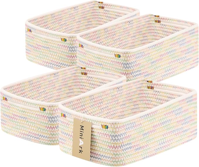 Small Storage Baskets for Organizing | Closet Organizer Bins | Shelf Toy Basket | Woven Rope Baskets | Cube Decorative Box | Shallow Basket | 13x8.5x5.1” | 4 Packs Rainbow-Ruum Studio Home