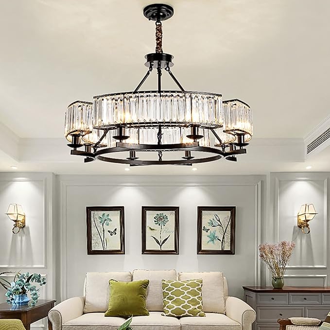 Farmhouse Crytal Chandeliers Dining Room Pendant Light Fixture Black Chandelier with K9 Crystal for Living Room Dining Room Foyer High Ceiling-Ruum Studio Home