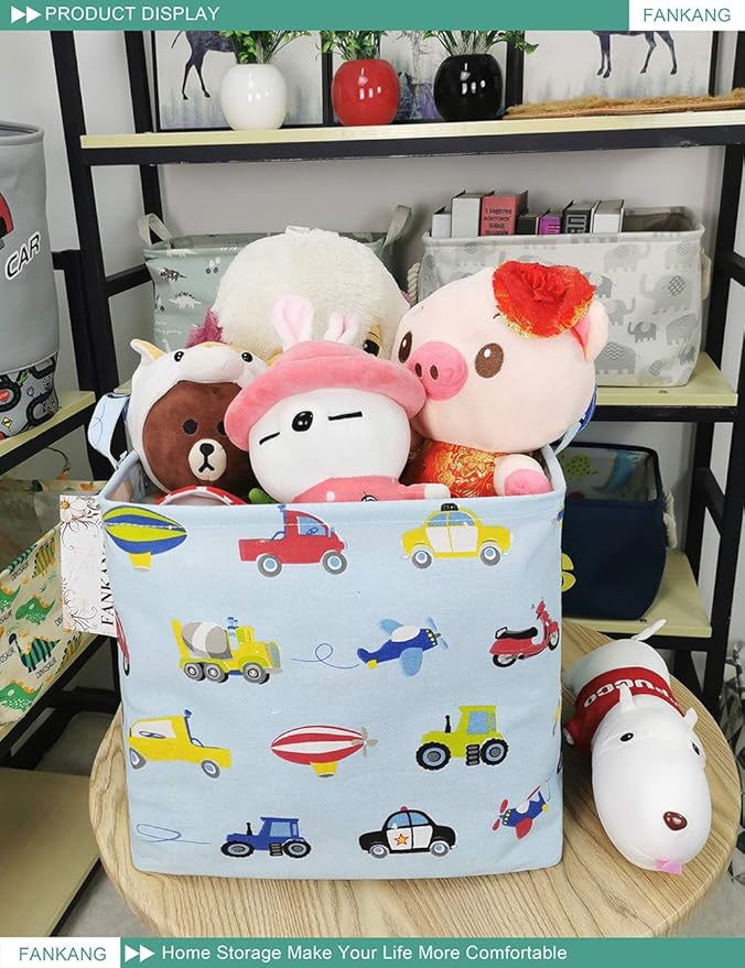 FANKANG Square Nursery Hamper Storage Bins Canvas Laundry Basket Foldable with Waterproof PE Coating Storage Baskets Gift Baskets for Children, Office, Bedroom, Clothes（Square-Car ）-Ruum Studio Home