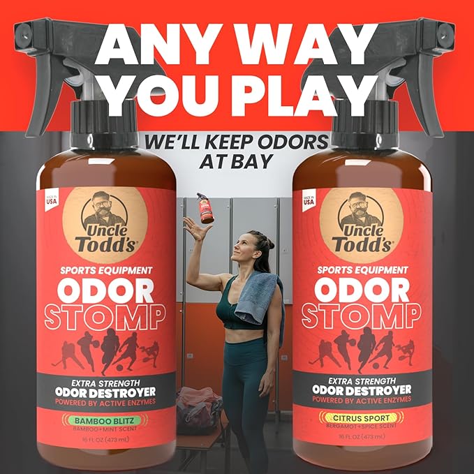 Uncle Todd’s Odor Stomp Sports Equipment Odor Eliminator Spray - Extra Strength Enzyme-Powered Deodorizer for Football, Hockey, Gym Bags, and Athletic Gear - Bamboo Blitz Scent - 16 oz-Ruum Studio Home