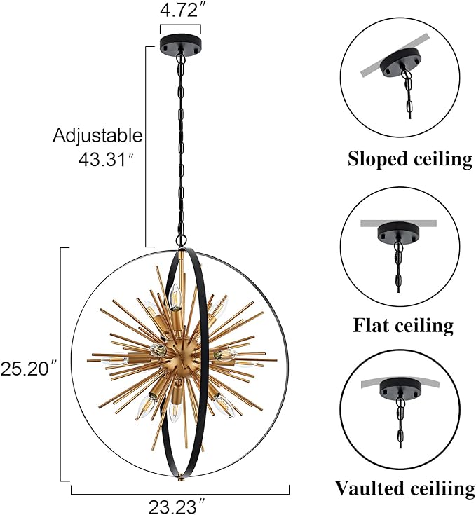 23.2'' Black Gold 12-Light Globe Sputnik Chandelier Modern Industrial Adjustable Hanging Ceiling Firework Pendant Light Fixture for Entryway Foyer Bedroom Dining Living Room Hallway-Ruum Studio Home