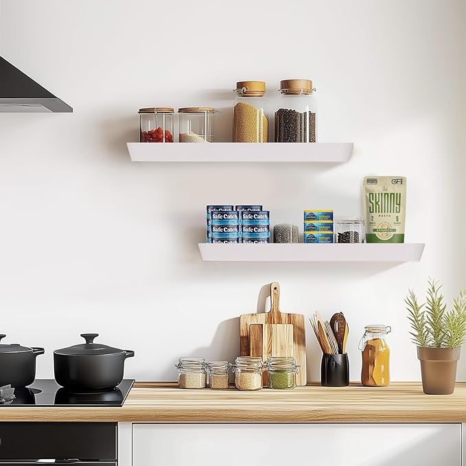 24"x6.8"x1.6" Slanted Floating Wall Shelves 2-Pack - Rustic White Finish, Heavy-Duty Solid Wood Design with Hidden Brackets - Perfect for Living Room, Kitchen, Bathroom, or Office-Ruum Studio Home