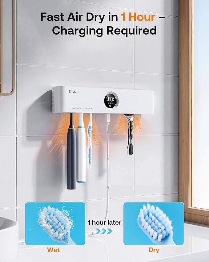 Bitvae Toothbrush Holder, Cleaning and Fast Drying, 5 Toothbrush Slots or Shaver Slot Accessories for Family, LED Smart Screen, Wall Mounted Holders for Bathrooms-Ruum Studio Home