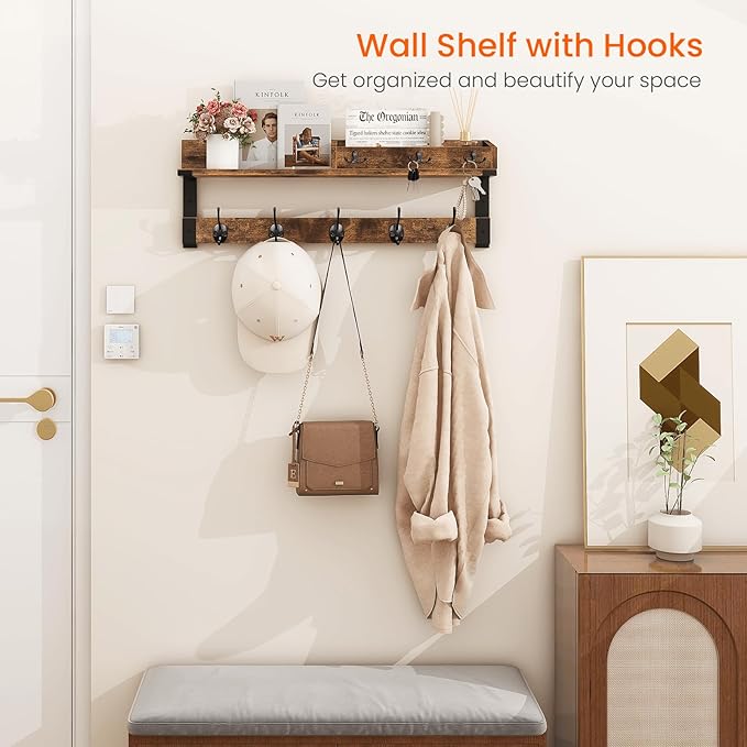 Homode Coat Rack with Shelf, Wall Shelf with Hooks, 26 Inch Long Coat Hanger Wall Mount with Key and Mail Holder, Wood Entryway Shelves for Hanging Hat Jacket Backpack Purse, Rustic Brown Black-Ruum Studio Home