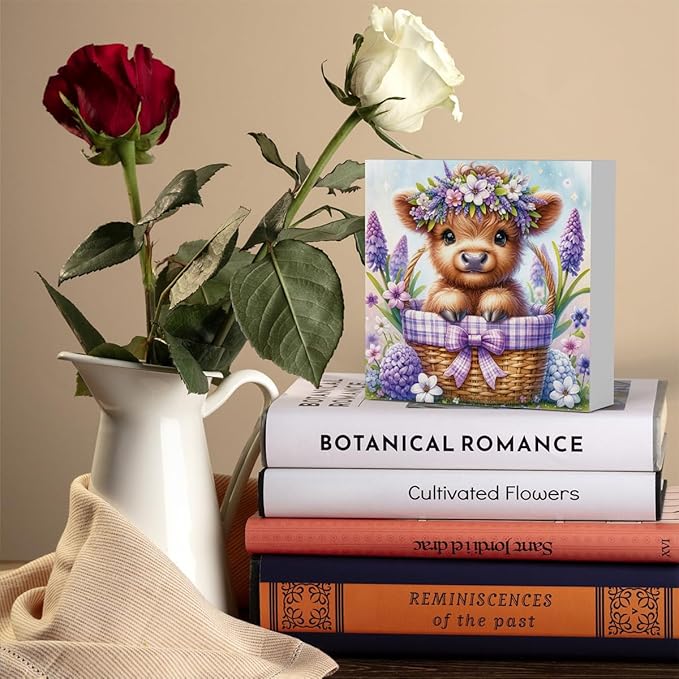 Highland Cow Hyacinth Flowers Decor, Highland Cow Bathroom Decor, Highland Cow Baby Decor, Highland Cow Nursery Decor, Wooden Box Decor Sign for Home Farmhouse Office Living Room Table Shelf Tiered-Ruum Studio Home