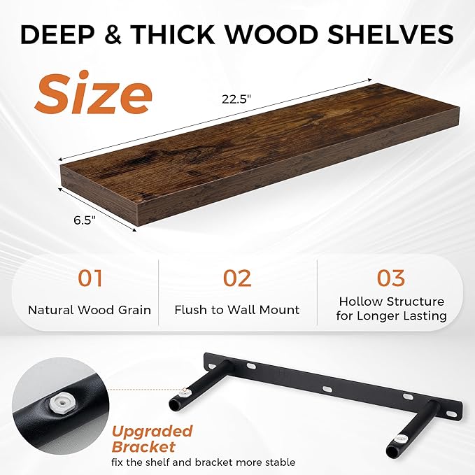 Fun Memories Floating Shelves for Wall, 22.5" Rustic Wood Deep Wall Mounted Shelves with Invisible Brackets for Decor & Storage, Floating Shelf for Living Room, Bathroom (Rustic Brown, Set of 2)-Ruum Studio Home