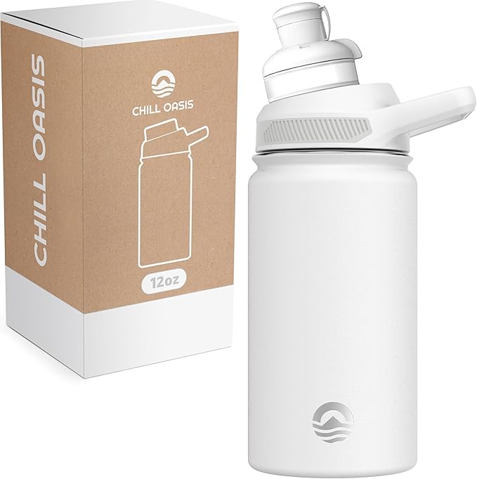Chill Oasis Water Bottle | Compatible With Popular Flavor Cartridges | BPA Free, Leak Proof, Double-Walled Vacuum Insulated Stainless Steel, and Dishwasher Safe | Cold for 24 Hours (White, 12oz)-Ruum Studio Home