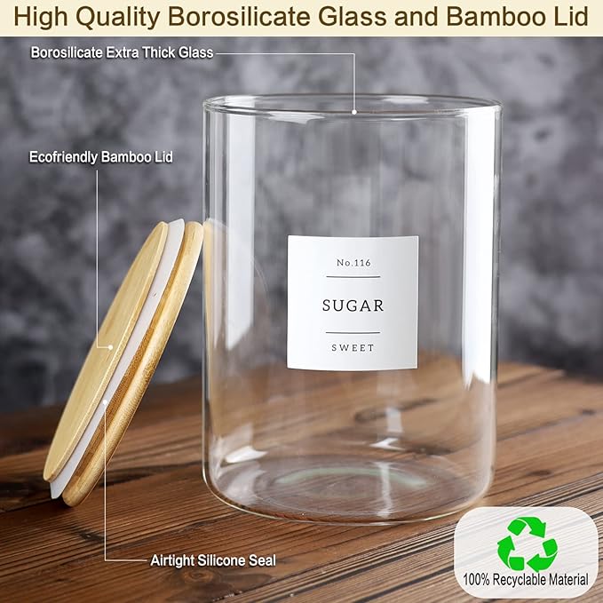 Large Glass Flour and Sugar Containers Jars with Bamboo Airtight Lid - 100 Fl Oz (3000ml) with Kitchen 42 Pantry Labels for Dry Food, Flour, Pasta, Cereal-Ruum Studio Home