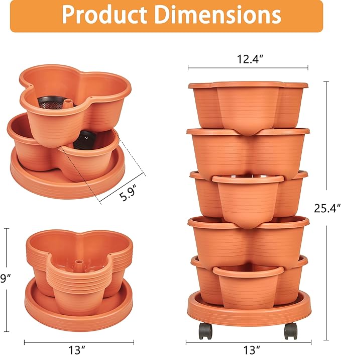 VECELO 5 Tier Vertical Garden Planter, Self Watering Stackable Planters with Wheels for Strawberries, Herbs, Flowers, Vegetables, Red-Ruum Studio Home