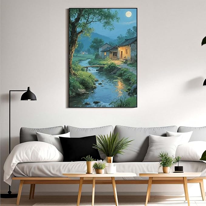 Moonlight under the big tree creek cabin scenery is suitable for posting in the living room bedroom office scenery poster wall painting-Ruum Studio Home