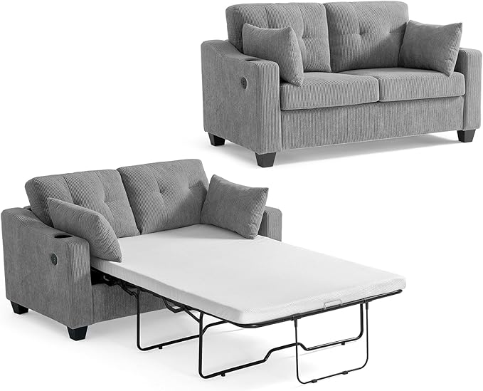CHIC HOUSE Pull Out Sofa Bed, Full Size Sleeper Sofa, 2-in-1 Convertible Corduroy Couch with USB Charging, Memory Form Couch for Living Room, Apartment and Small Space (Grey, Corduroy - Full Size)-Ruum Studio Home