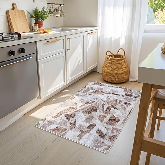 Modern Abstract Door Mat Indoor Entrance 2X3 Brown Rug Washable, Non-Slip Small Rugs for Entryway Bathroom Ultra-Thin, Throw Carpet for Kitchen Bedroom Nursery Kids Print Faux Wool-Ruum Studio Home