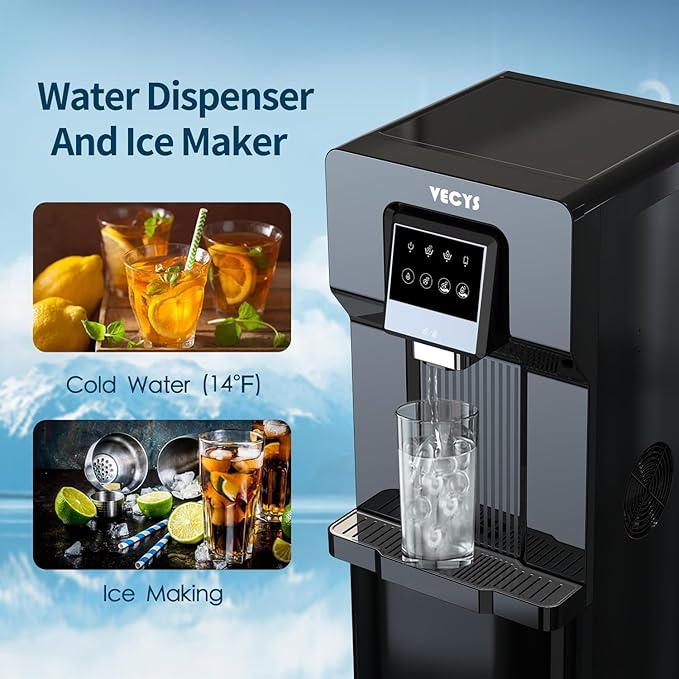 VECYS Bottom Loading Water Cooler with Ice Maker, Cold Water Supply with 18LBS Daily Ice Making, Compatible with 3 or 5 Gallon Bottles, Ideal for Home and Office (No Hot Water)-Ruum Studio Home
